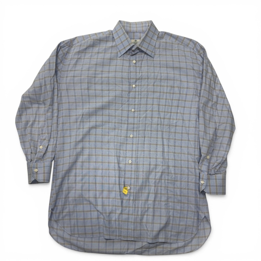 Borrelli Napoli Mens Blue Plaid Cotton Dress Button Shirt Italy Made Size 16‎ 41